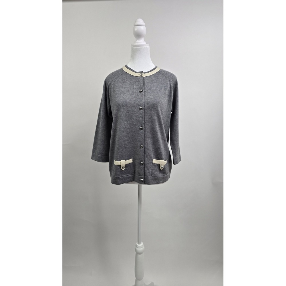 Vintage 90's Coach Est. 1941 Grey Knit Cardigan  Cream Pockets & Silver‎ Buttons